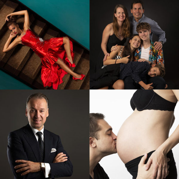 Collage de quatre images du photographe Genève : en haut à gauche, une femme en robe rouge pose dans un escalier. En haut à droite, une famille souriante de cinq personnes. En bas à gauche, un homme en costume, les bras croisés. En bas à droite, un homme embrasse le ventre d'une femme enceinte.