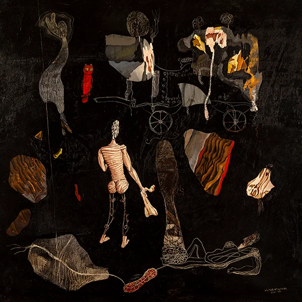 Reproduction photographique professionnelle de Sylvain Rivarolo de Débris d'une construction d'utilité par Victor Brauner, 1965. Peinture surréaliste collage fond noir, photographe Genève reproduction art.